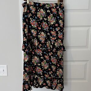 Boden Black Floral Midi Skirt with Ruffle Hem